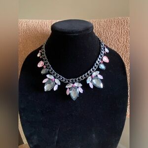 Pewter metal with grey and pink rhinestone choker necklace.
